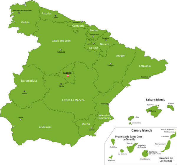 Green Spain map with regions