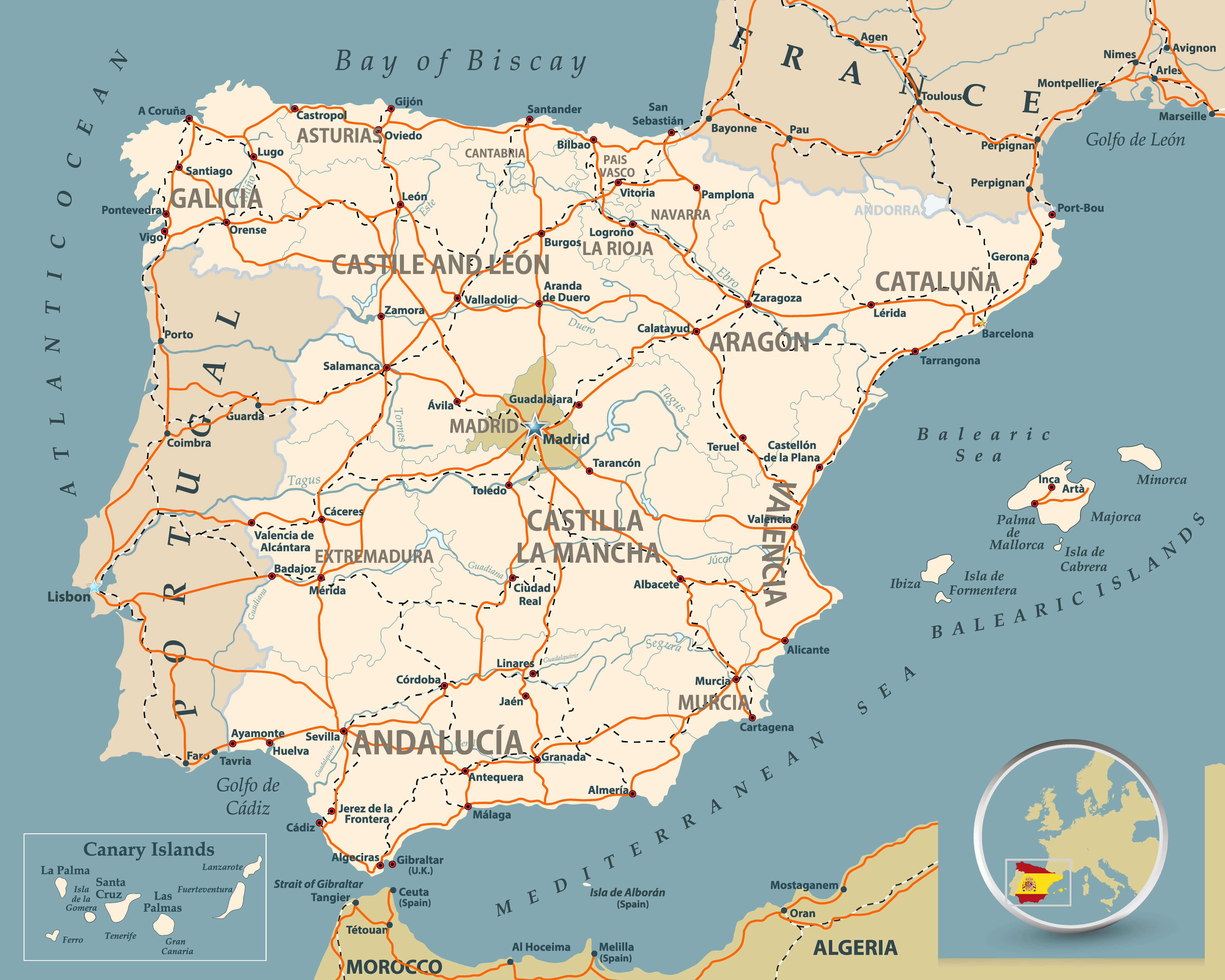 Road map of Spain with highways