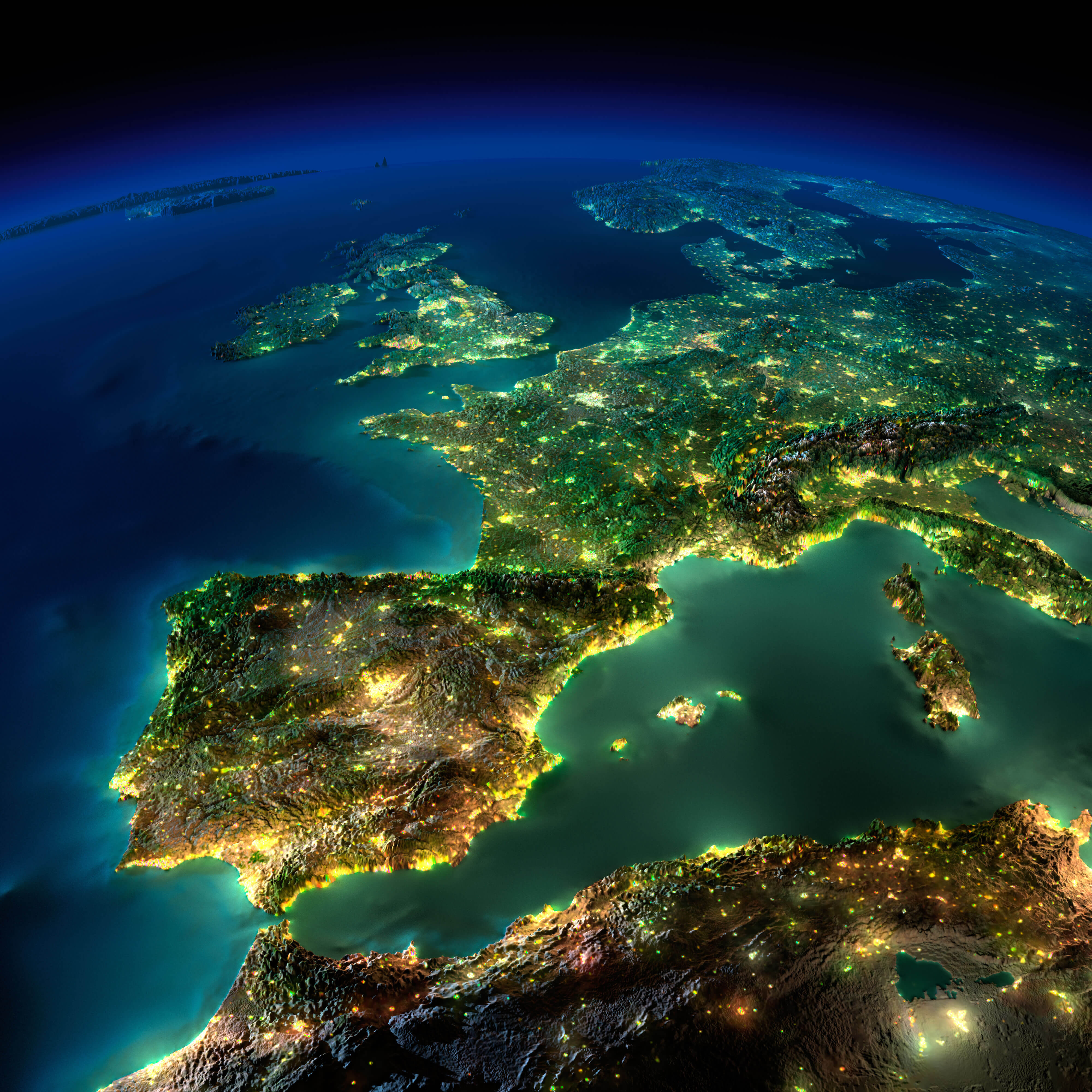 Spain & Europe Satellite Image with Moonlight