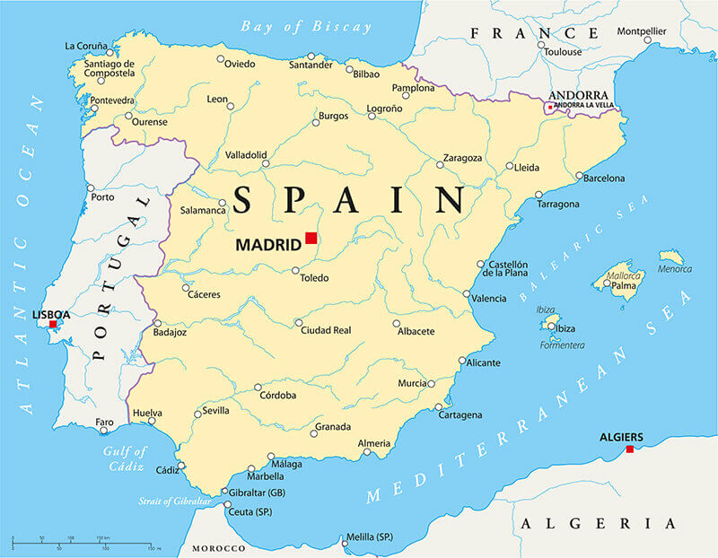 Spain Rivers and Cities Map