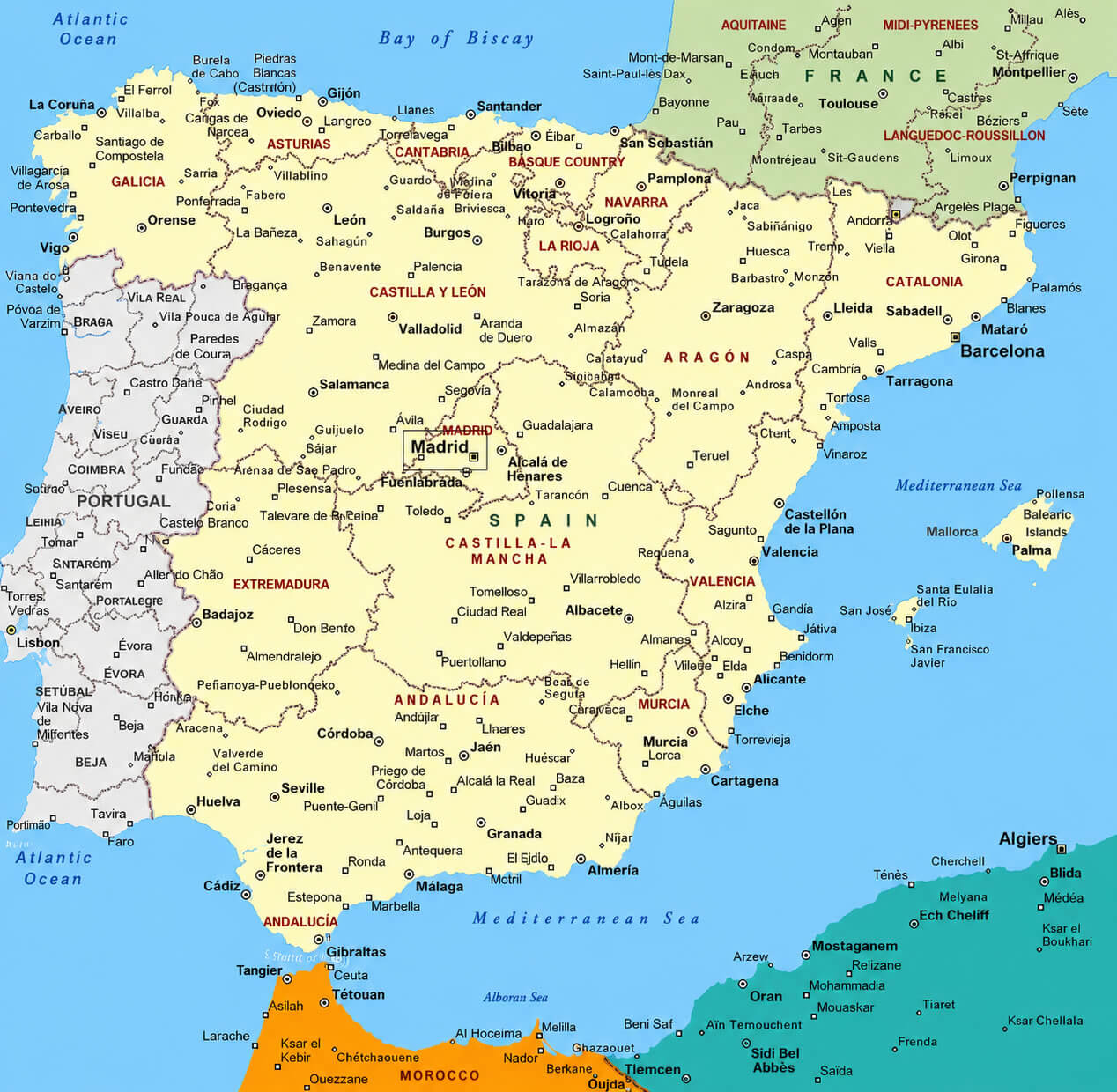 Spain cities map with provinces