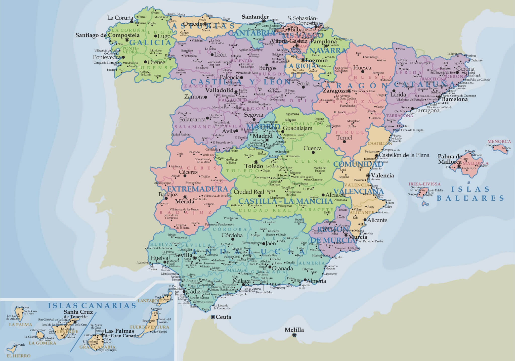 Spain country cities political map