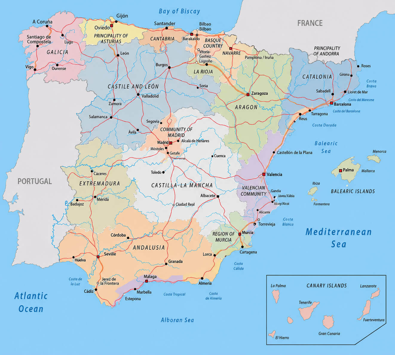 Spain regions map with cities and roads