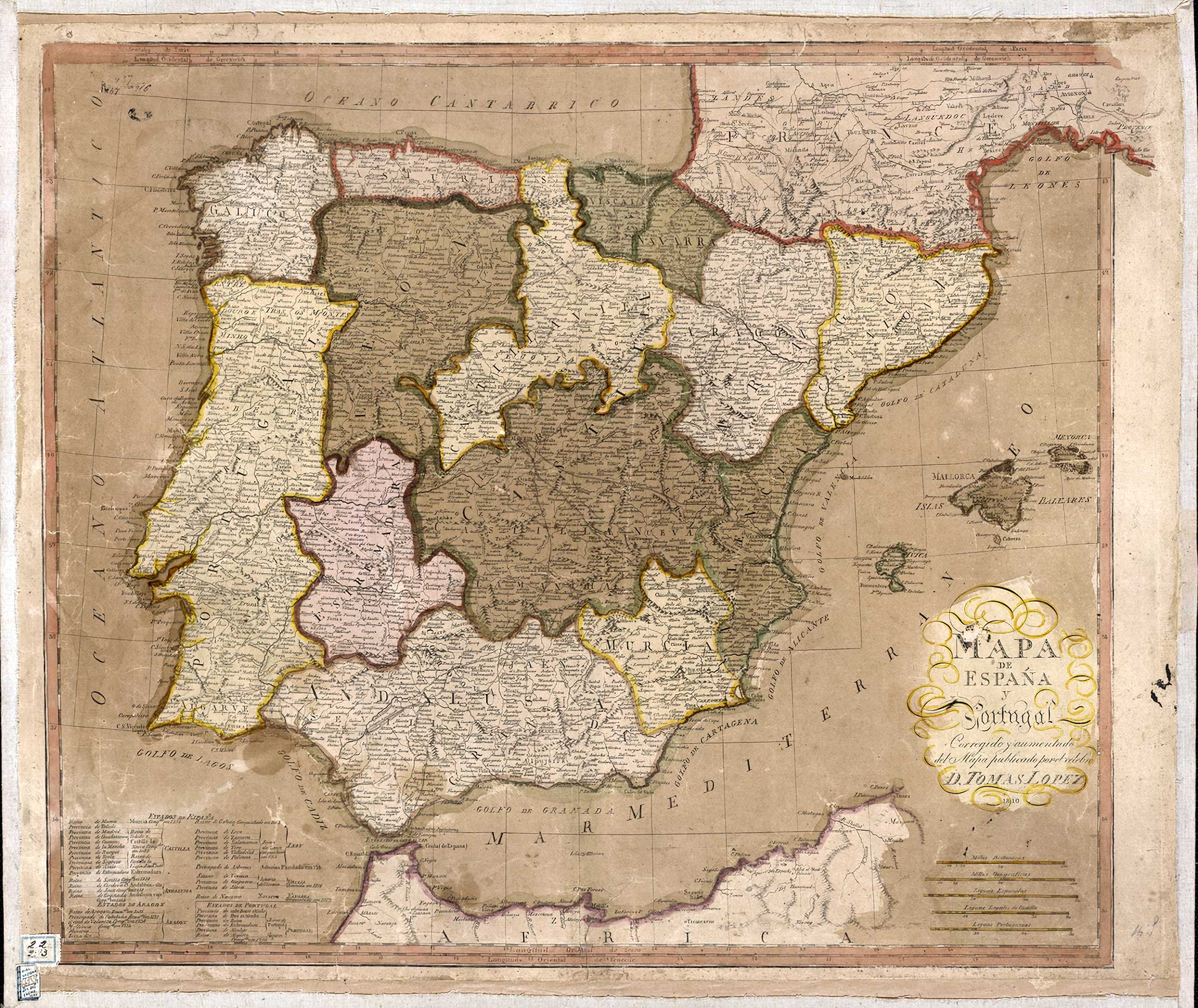 Historical map of Spain and portugal 1810