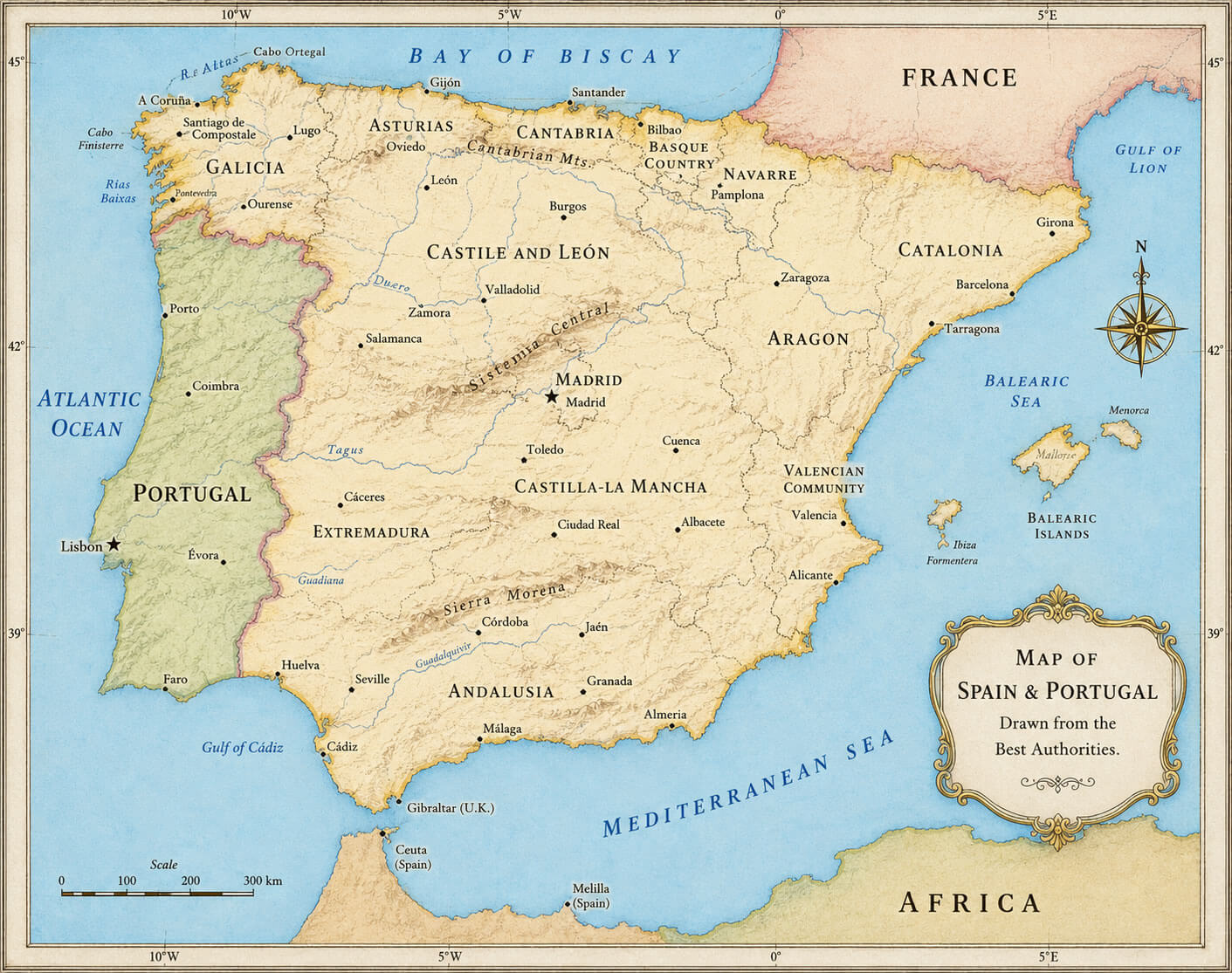 Historical physical map of Spain