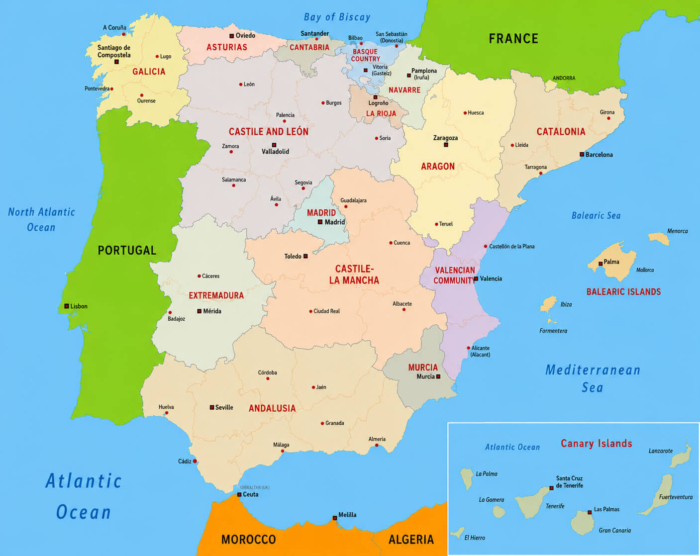 Political map of Spain with administrative divisions