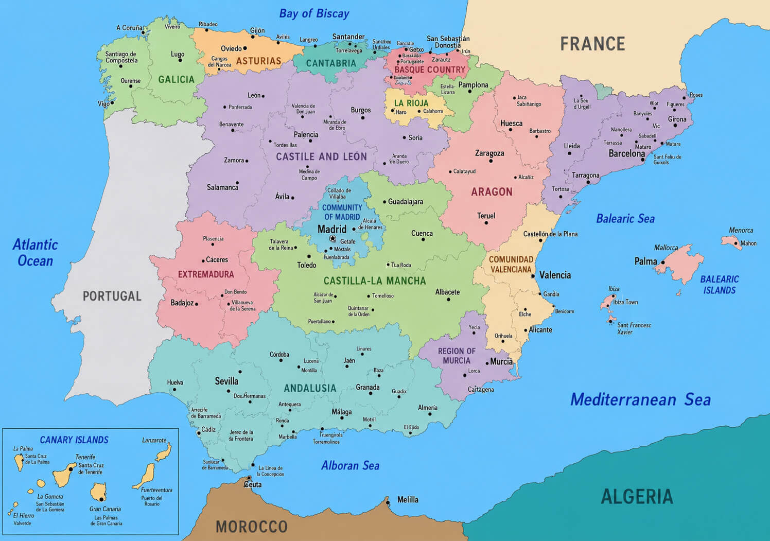 Poltiical map of Spain with cities