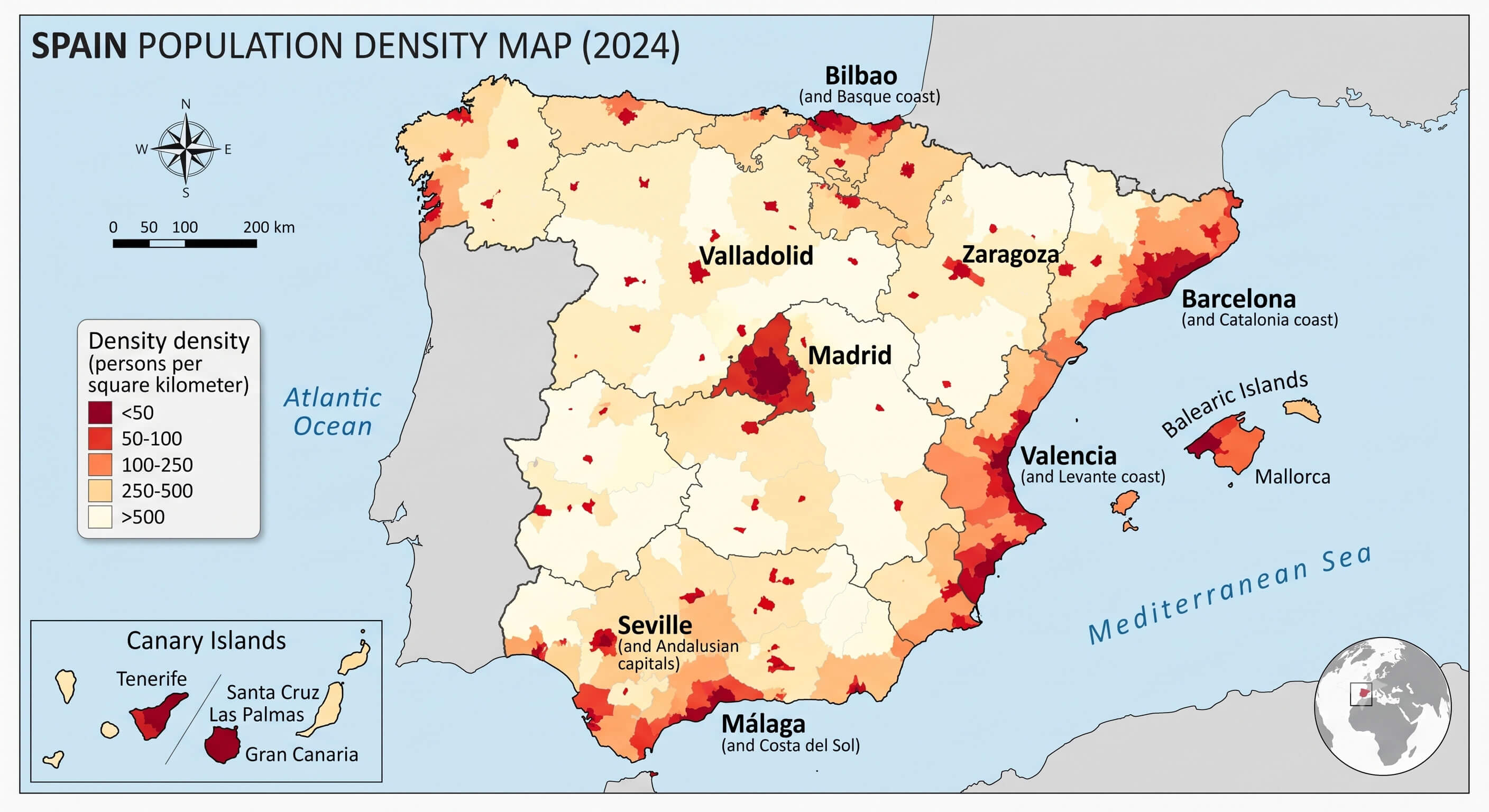 Spain population density map 2024