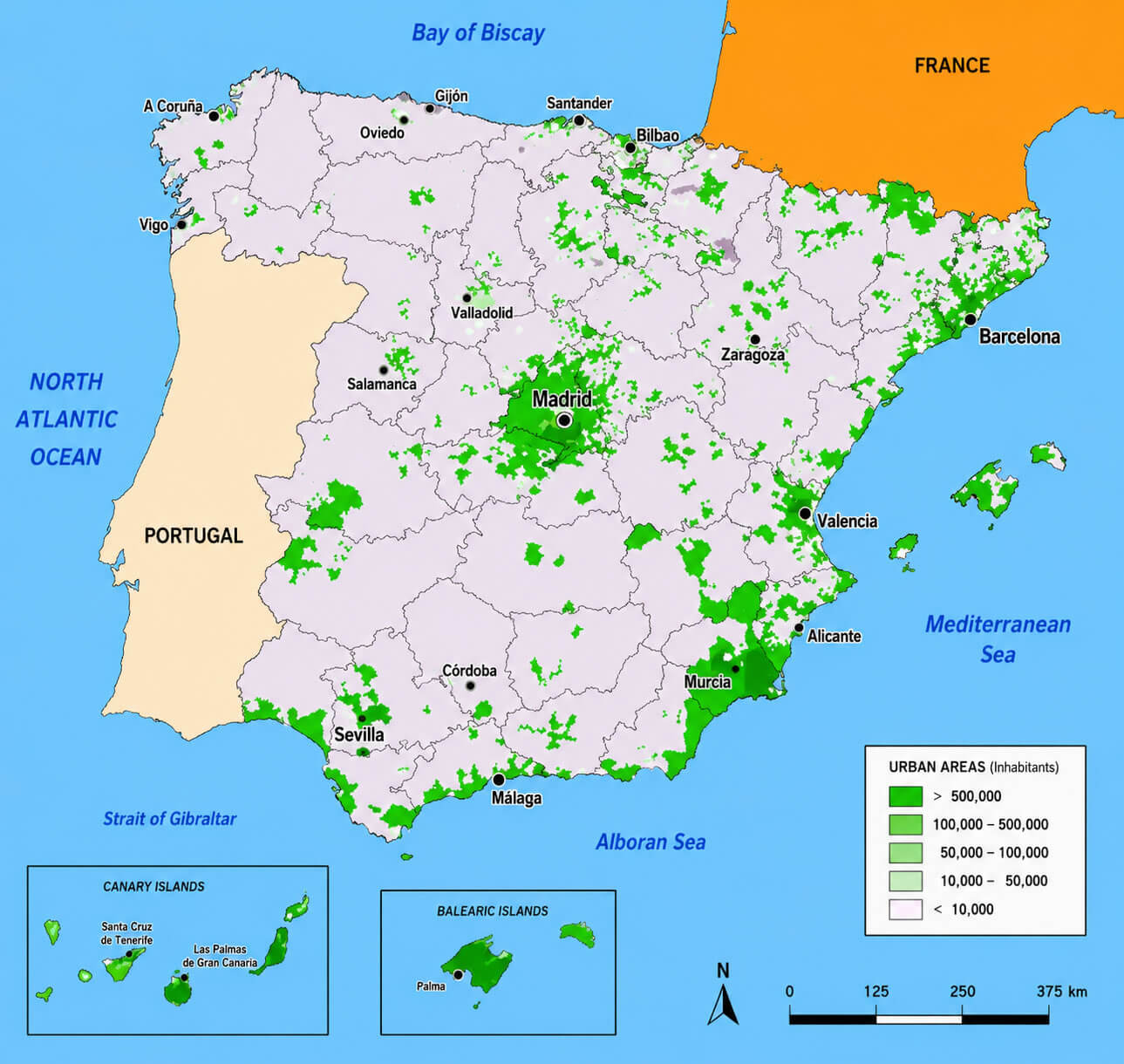 Spain urban population map