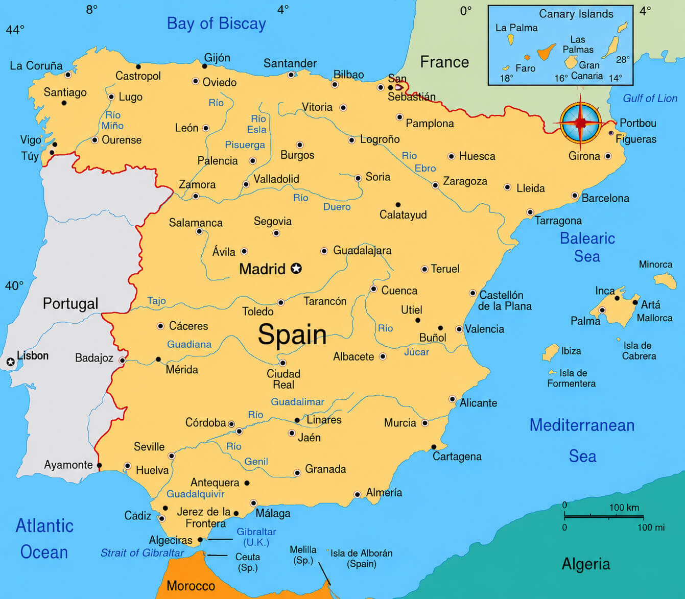 Spain main raods map with rivers