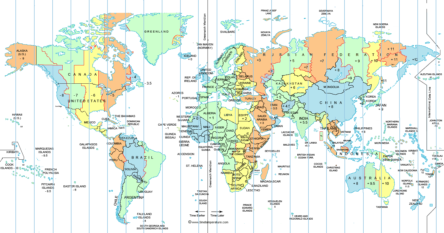 Expanded World time zone map longitude with Spain
