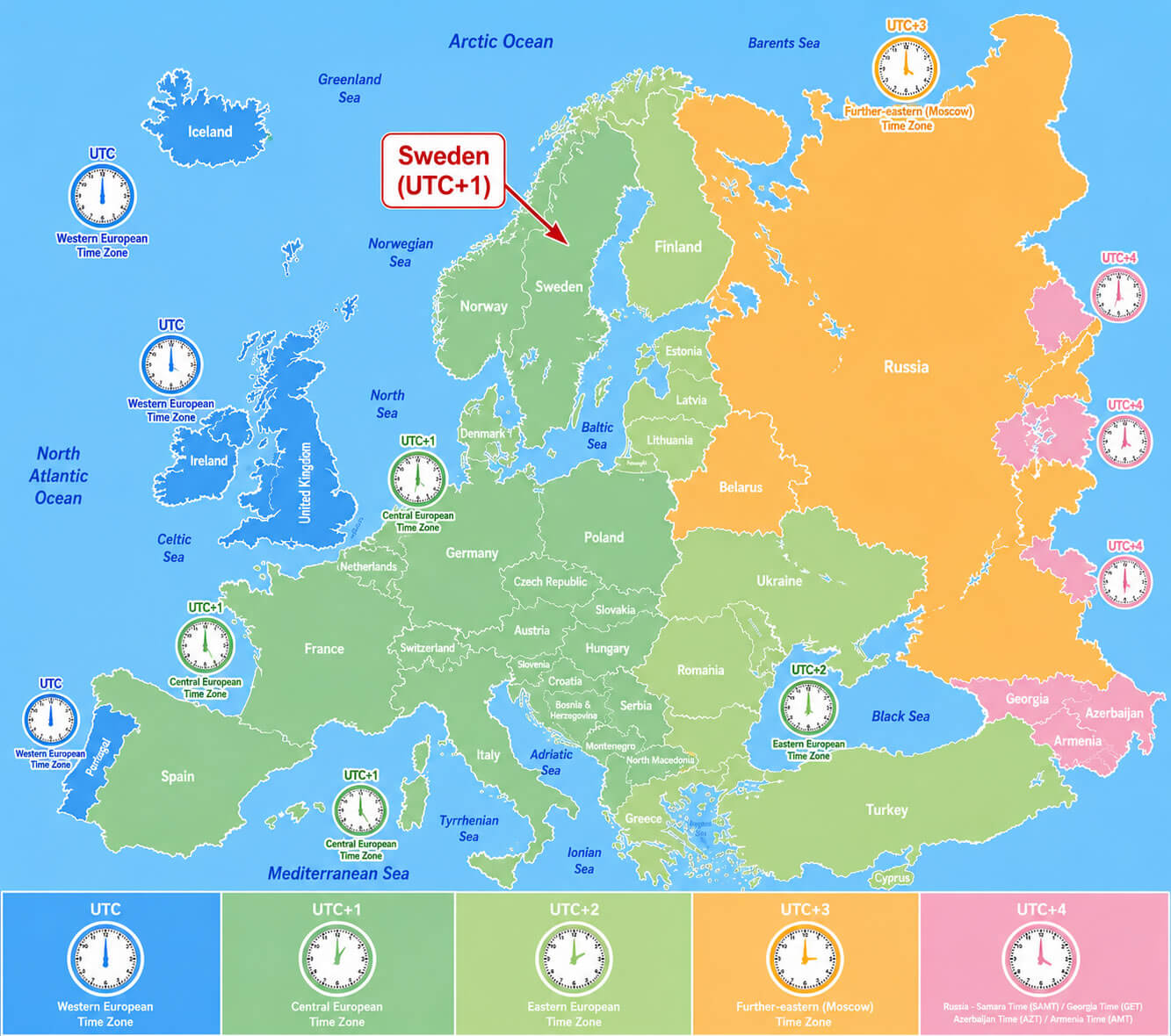 Europe time zone map with clocks