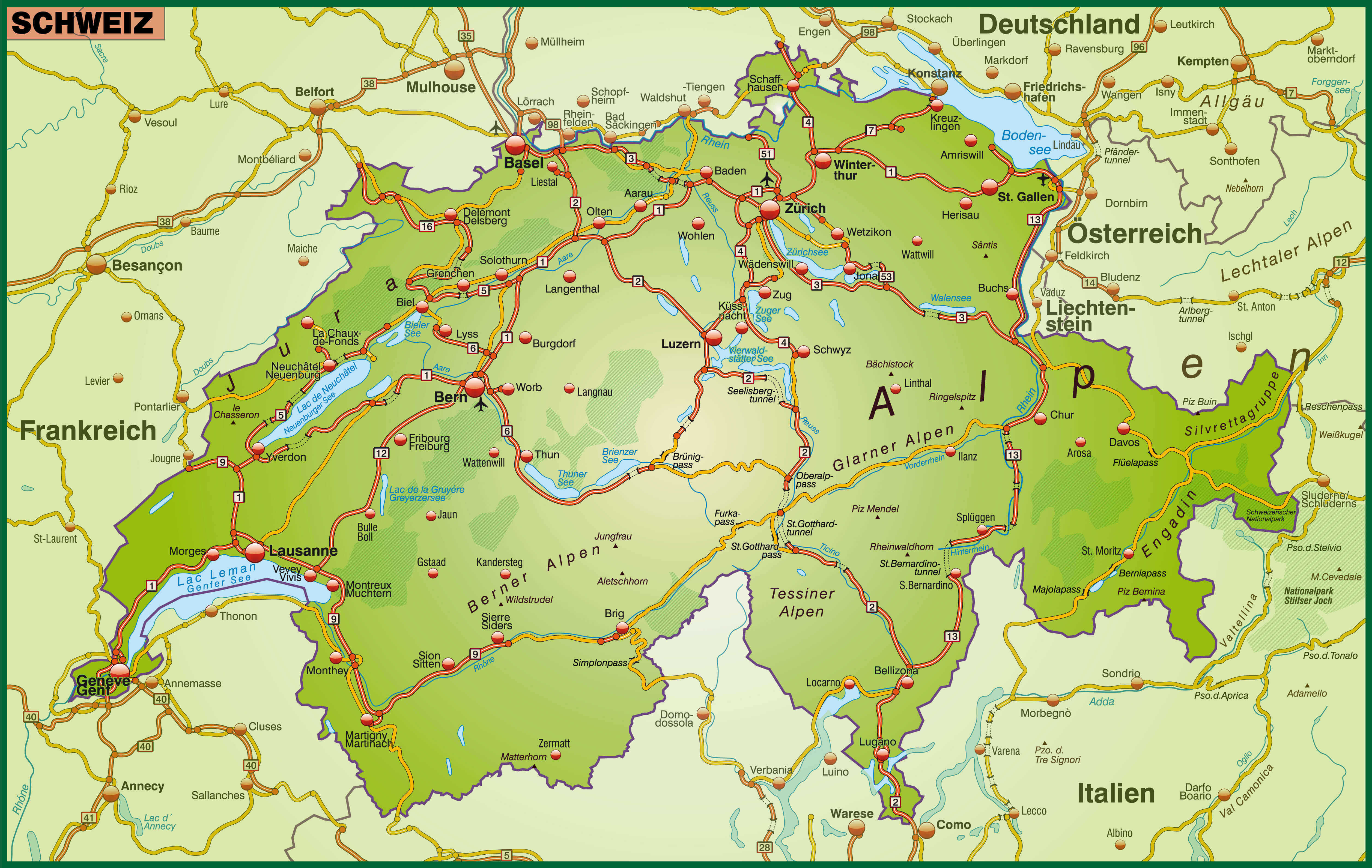 Map of Switzerland with highways