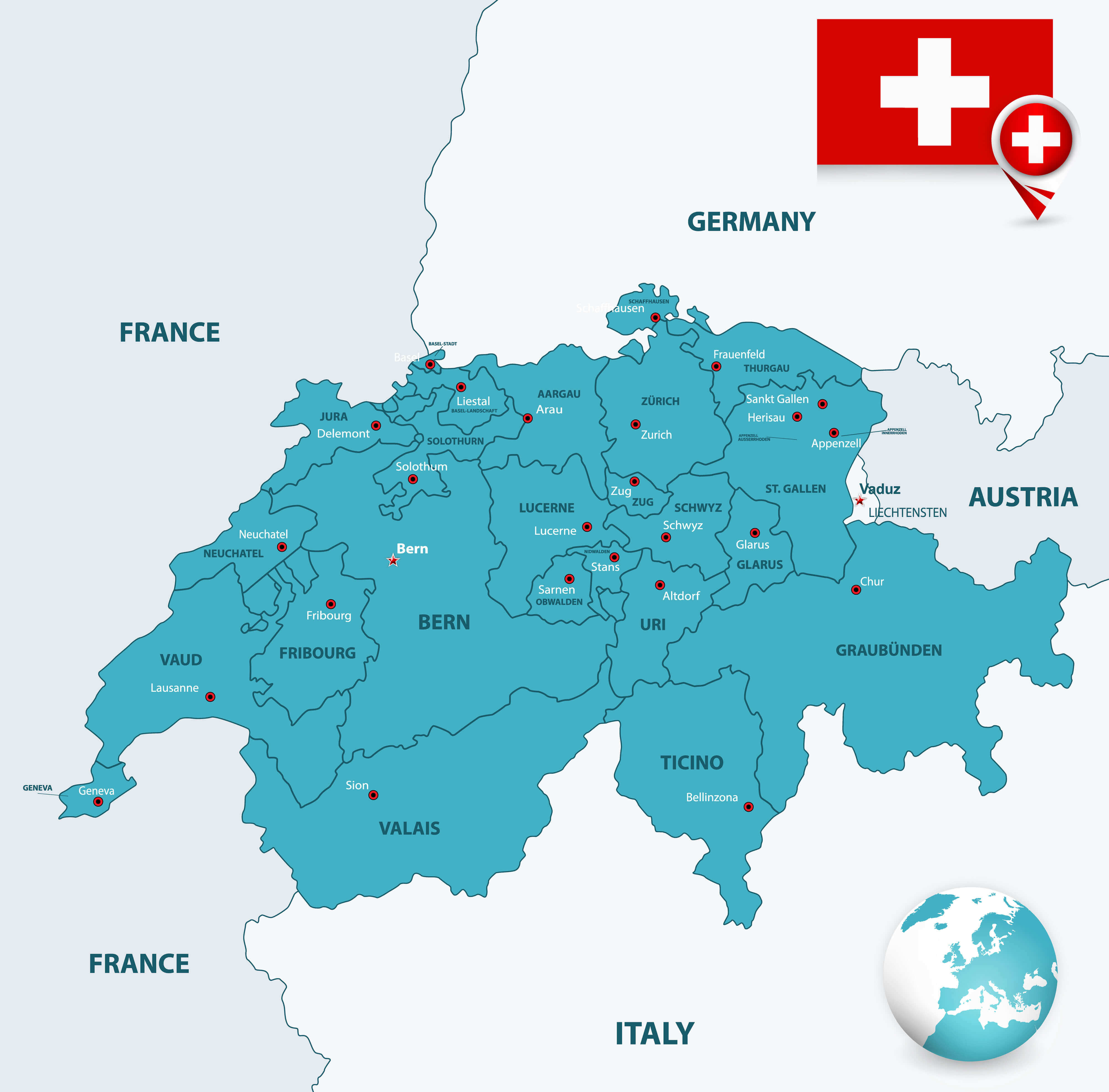 Switzerland cities and cantons Map