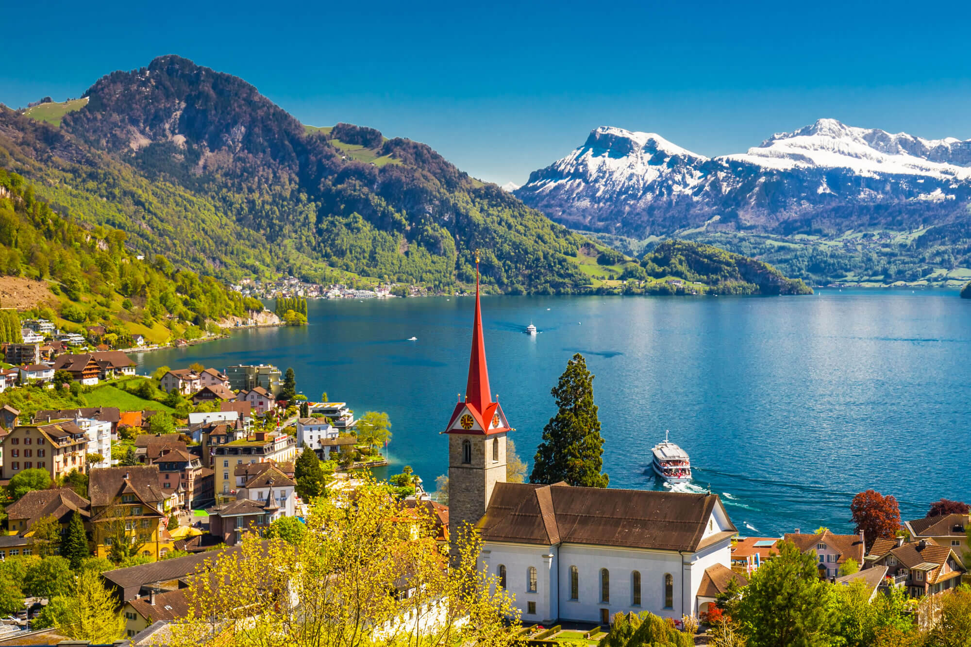 Weggis village with the view of Pilatus mountain Switzerland