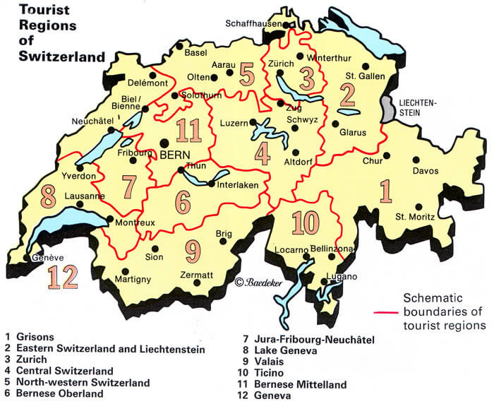 Touristics Regions Map of Switzerland