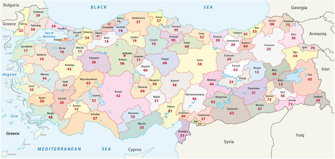 Turkey 2-digit postcodes map and provinces borders.