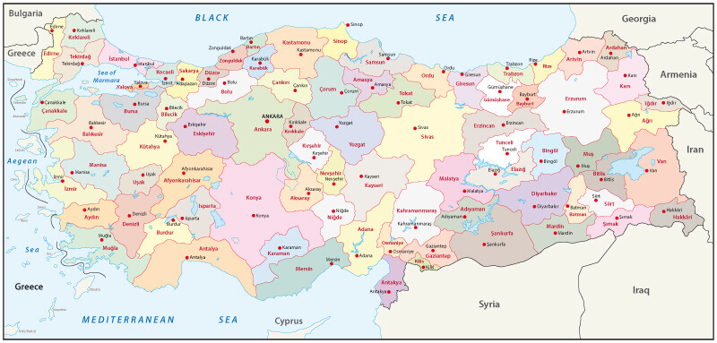 Turkey Administrative Map with ciites' borders