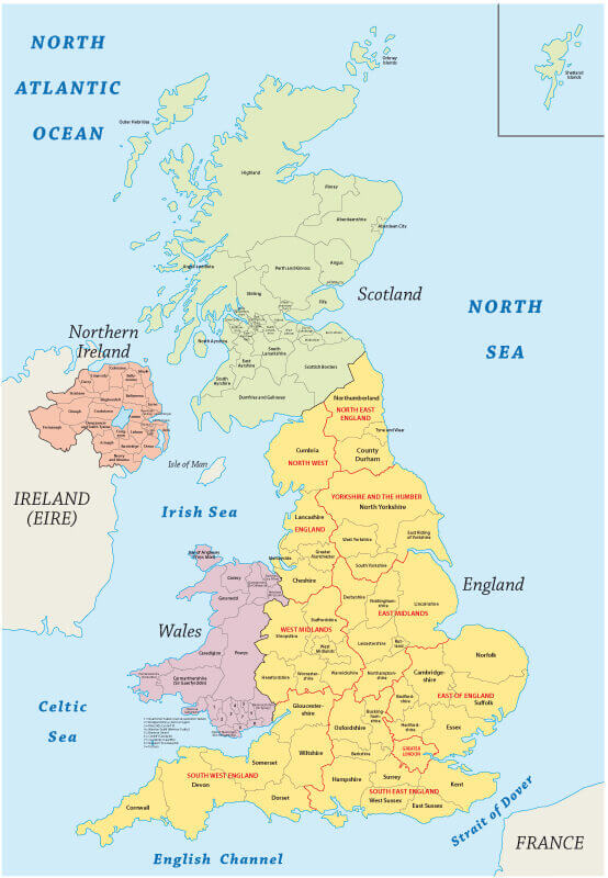 United Kingdom Reginal & Major Cities Map