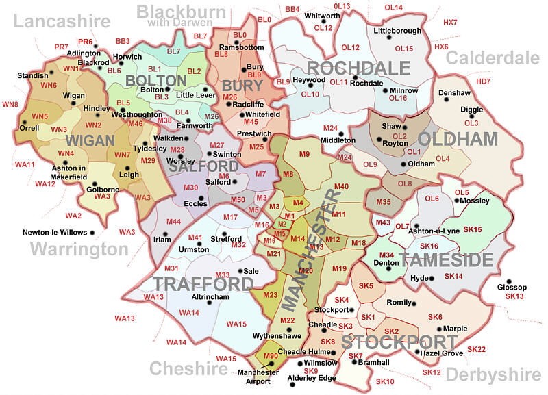 Manchester postcodes map