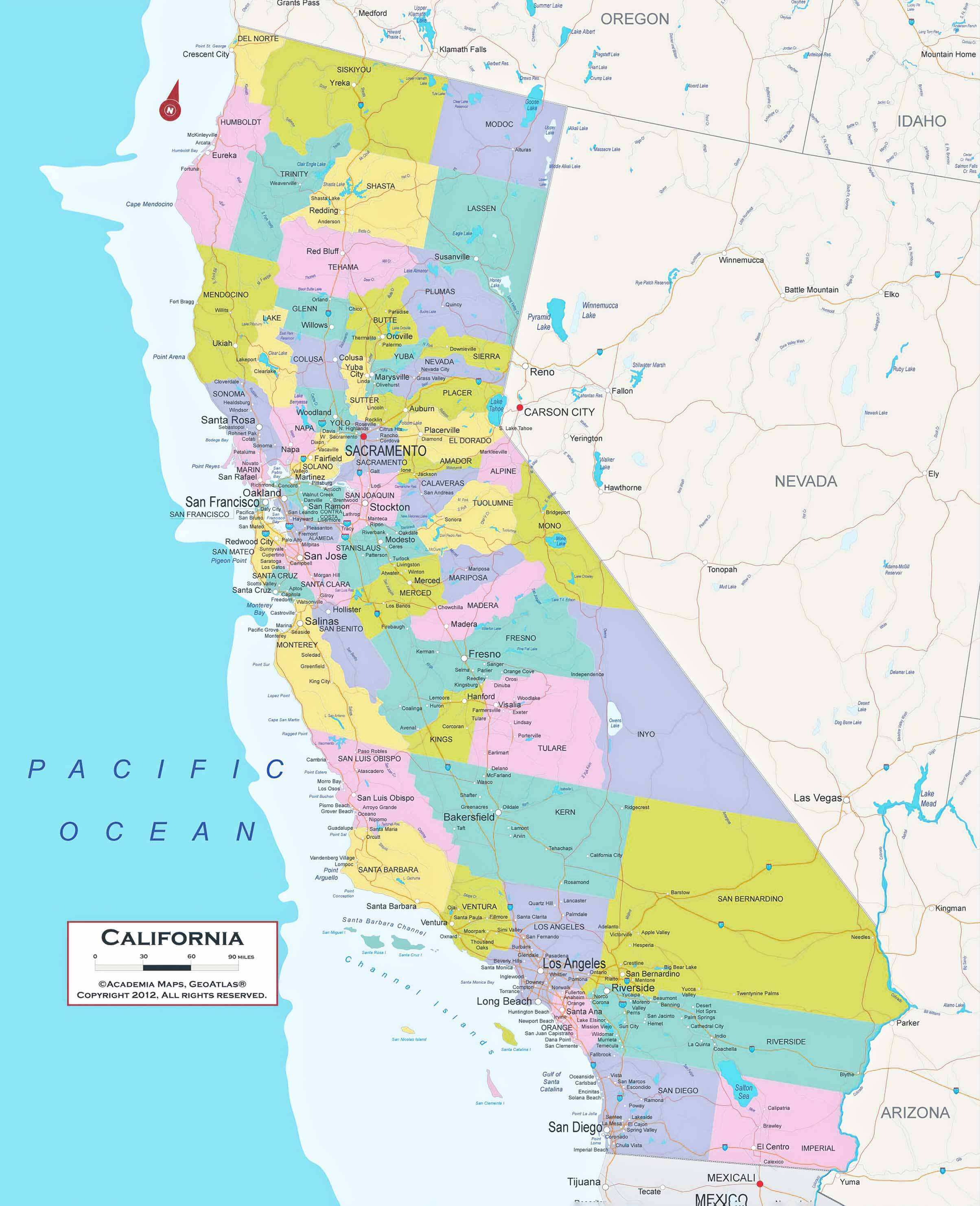 California counties and regions map with regions and city