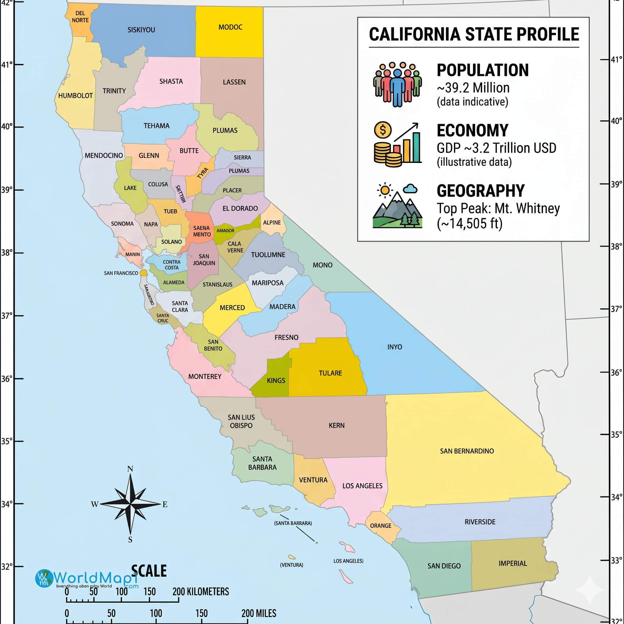 California counties map colorful political boundaries