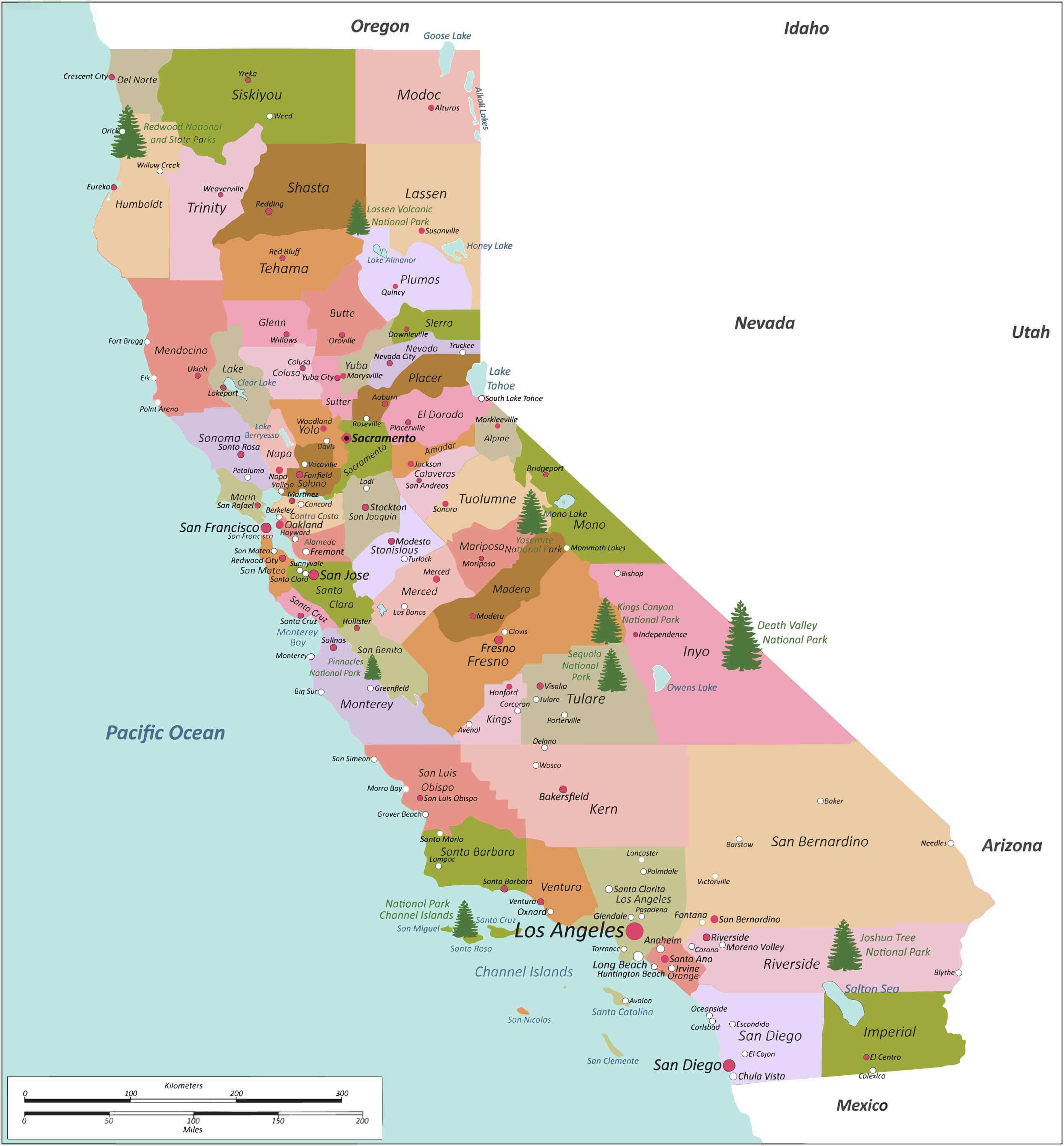 California counties map with natural features