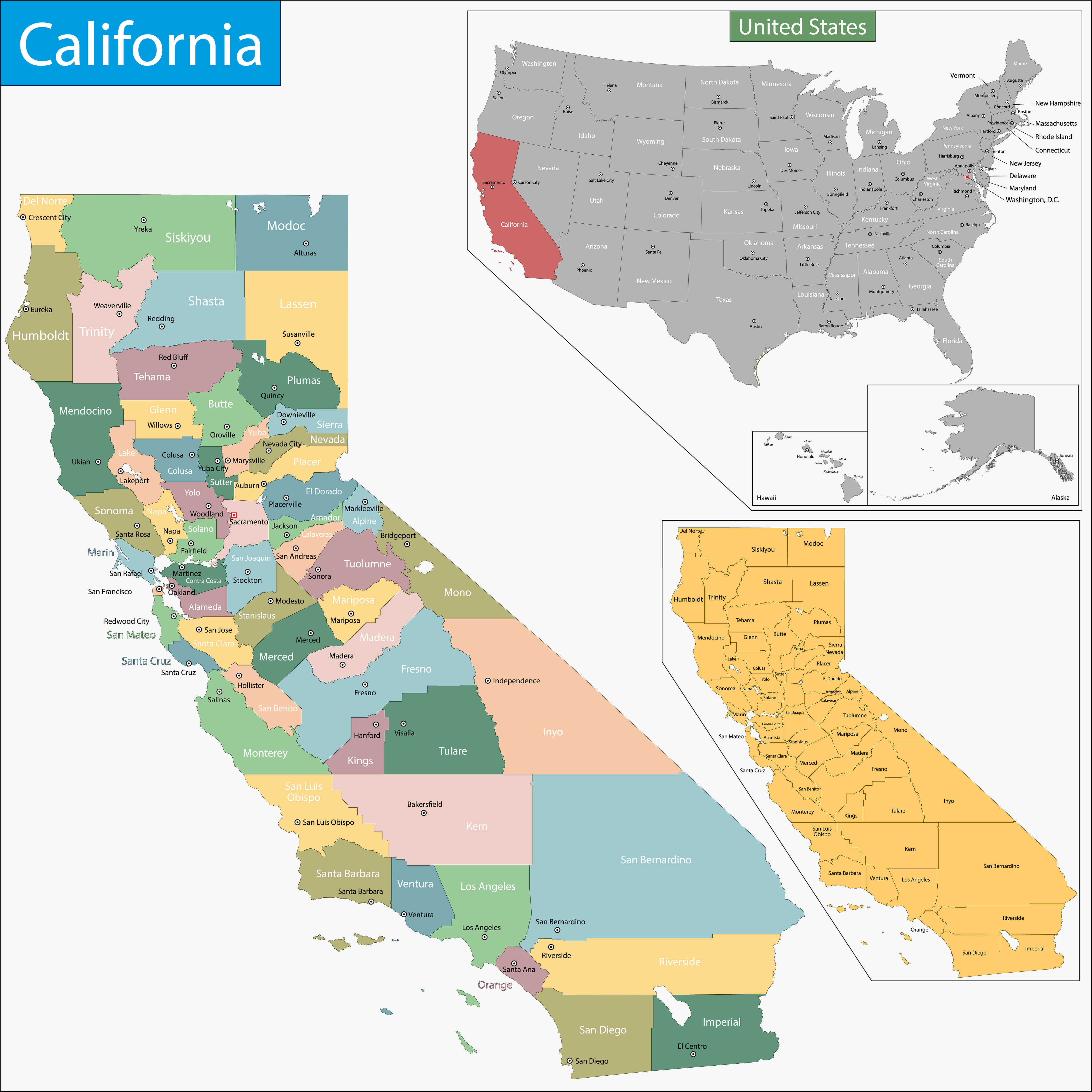 California county map with major cities and us location highlight