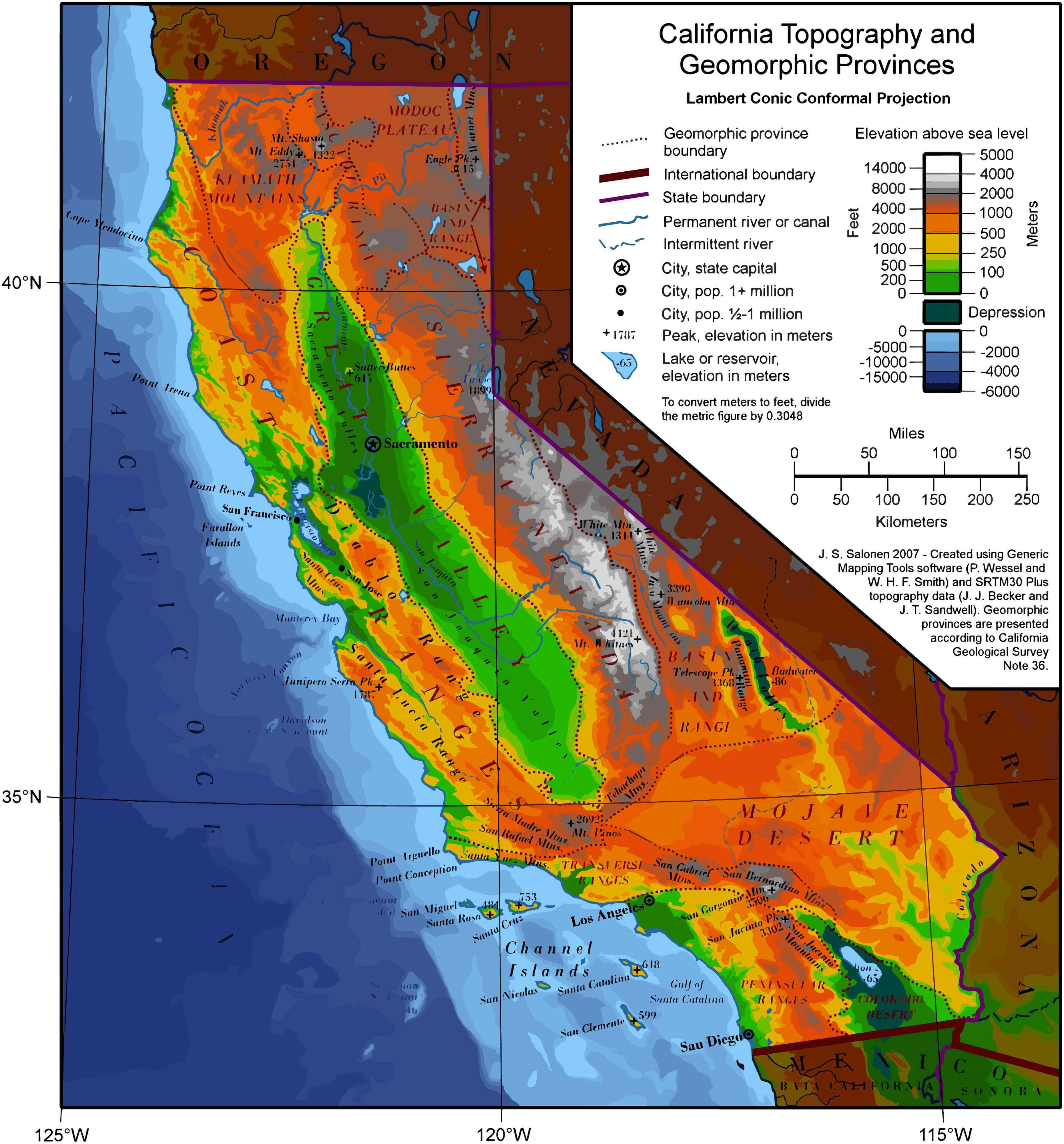 California topography and geomorphic physical map