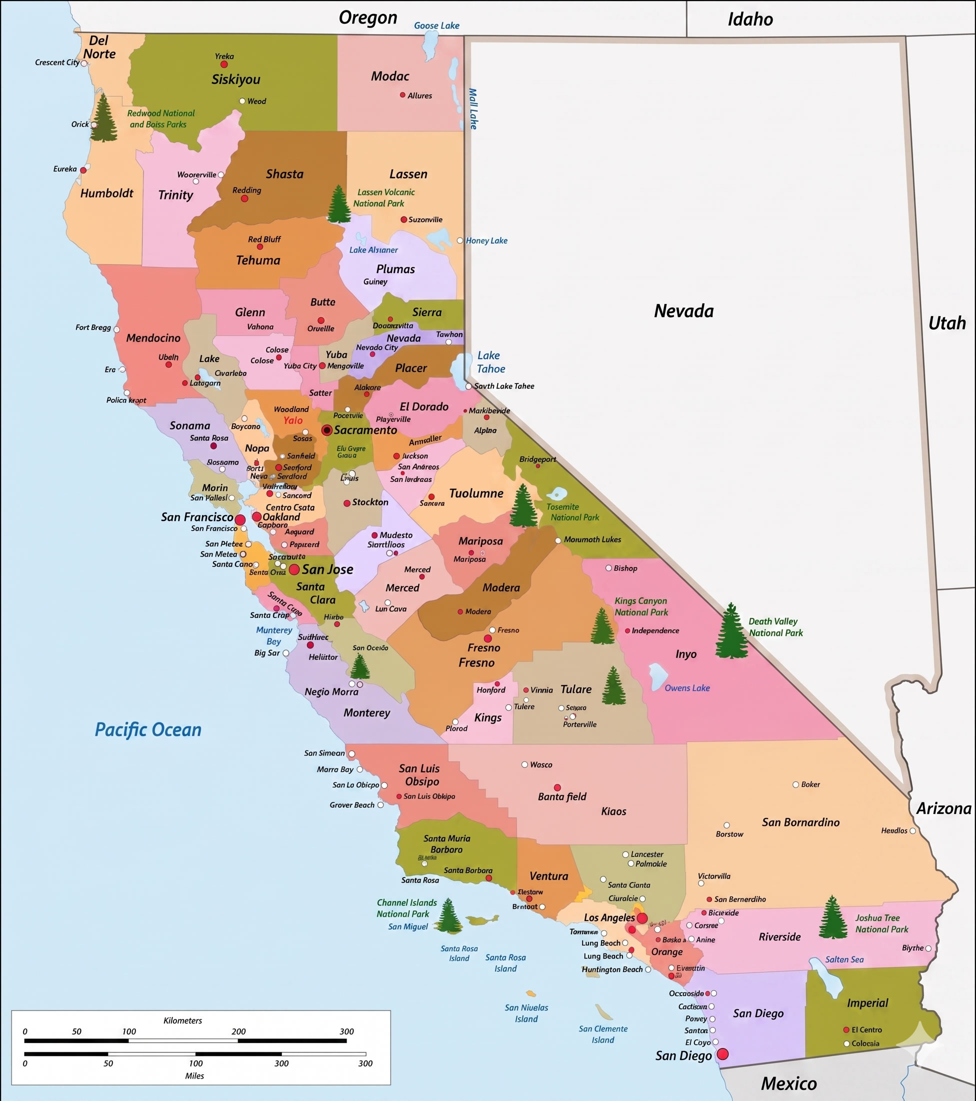 Colorful California county and national park map