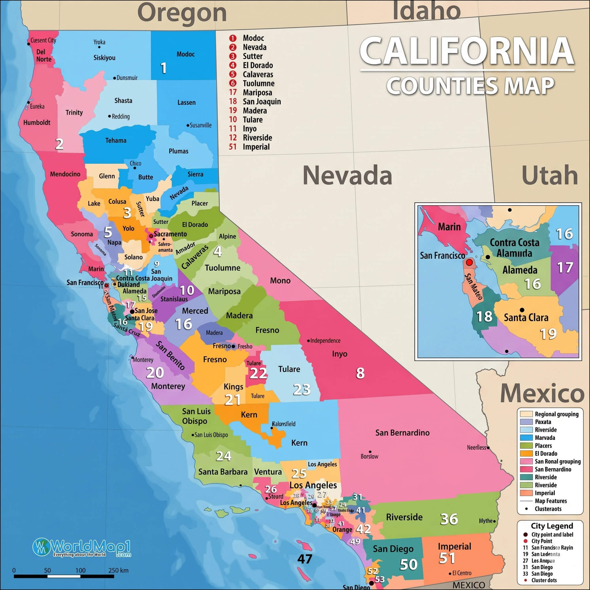 Colorful high resolution California counties map