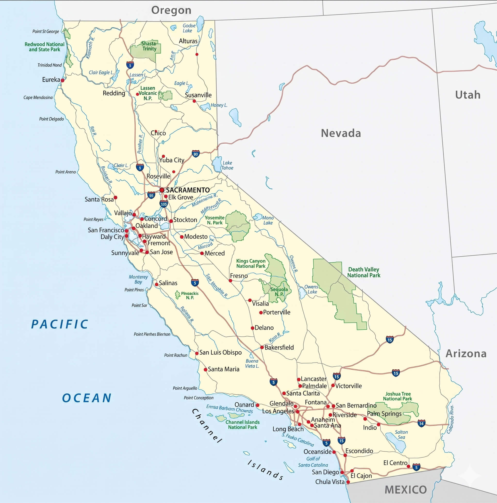 High-resolution California road map major cities highways