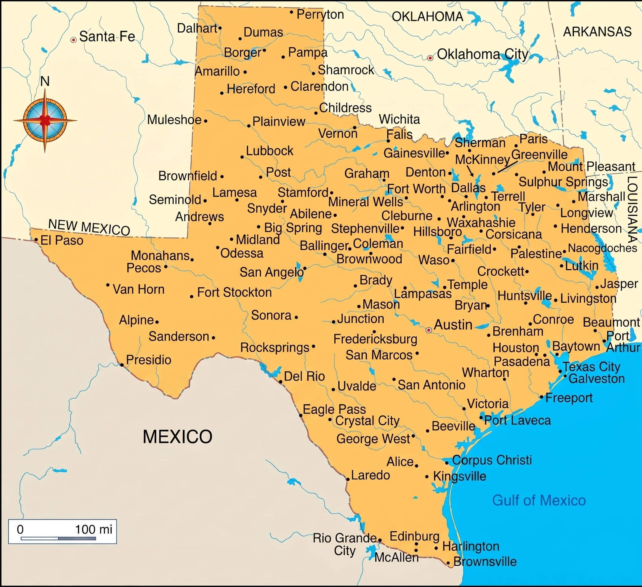 Texas cities map detailed urban locations