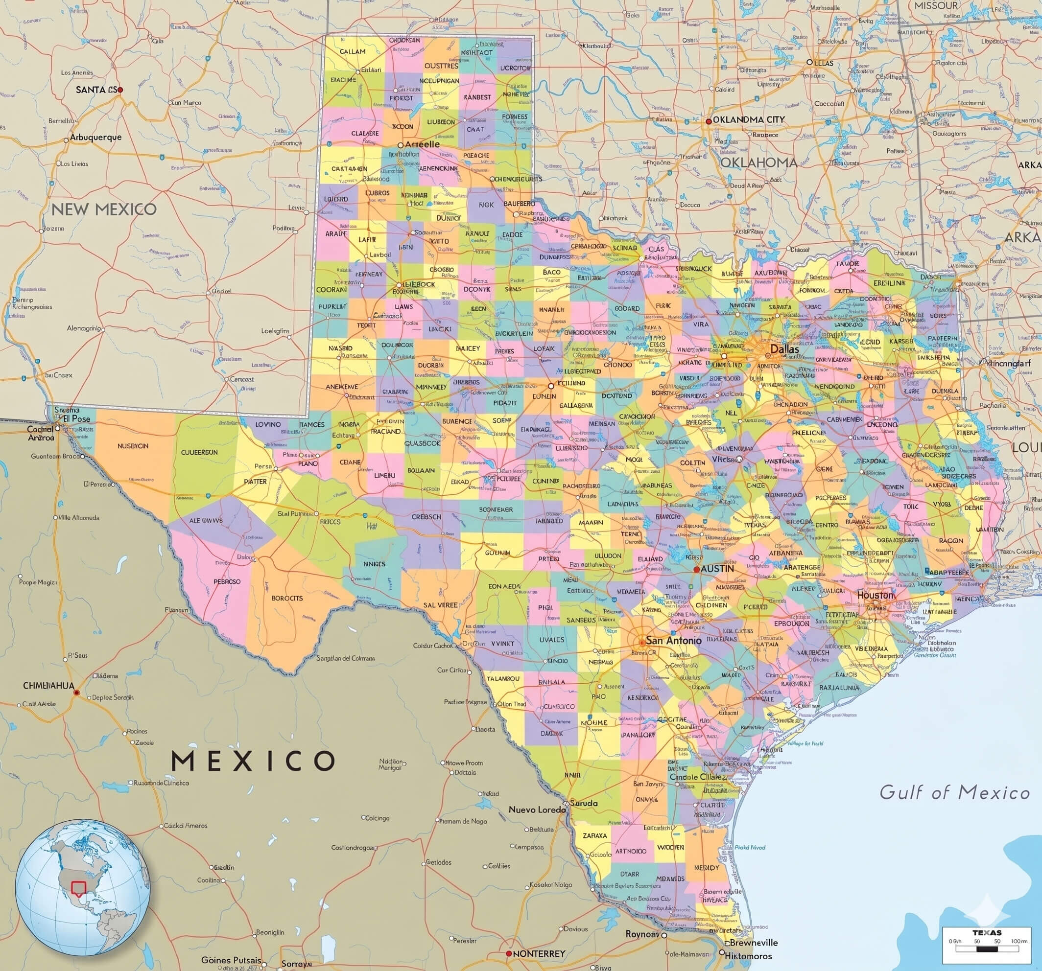 Texas county map colorful with cities and border