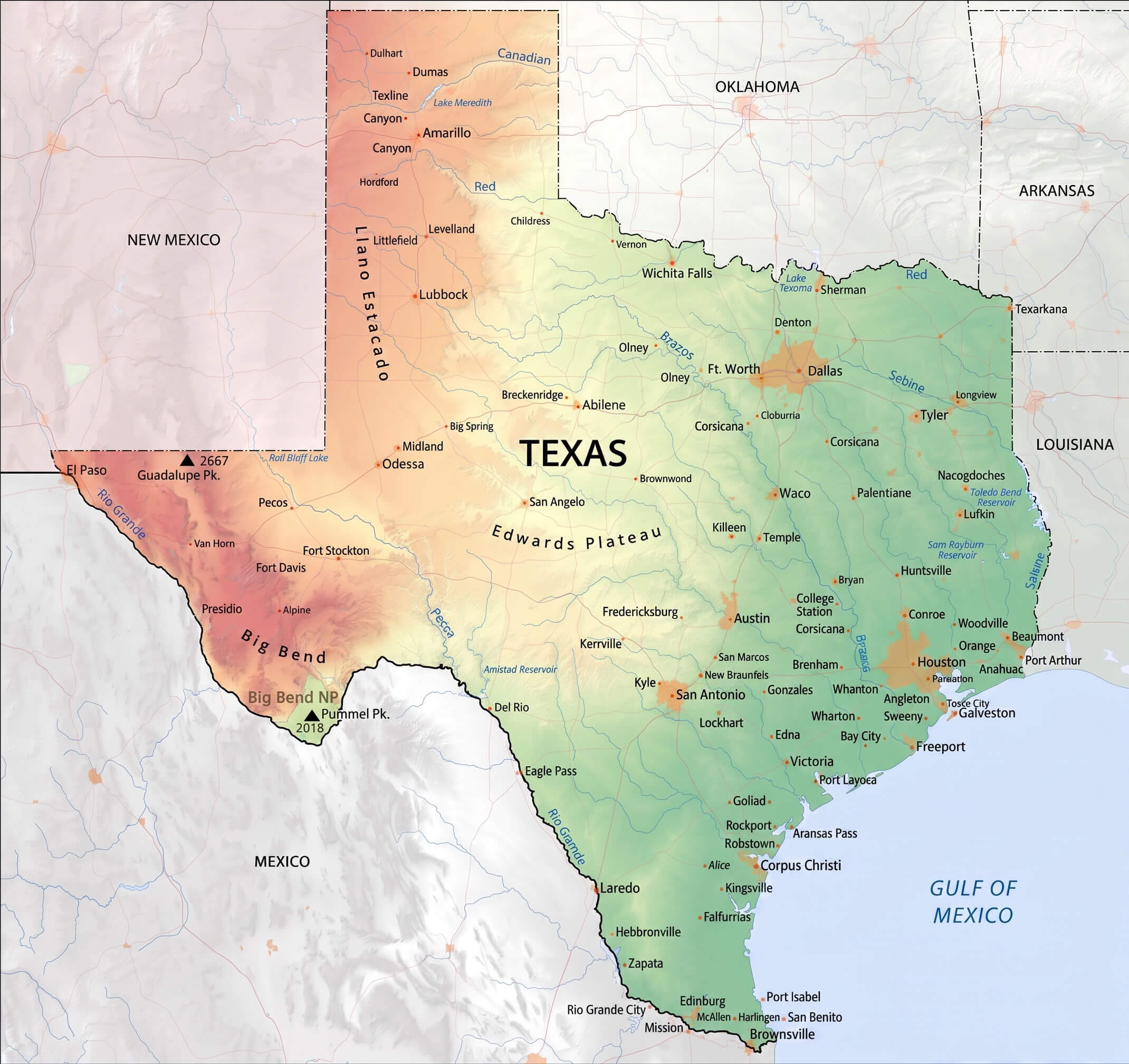 Texas geographic map rivers mountains and cities