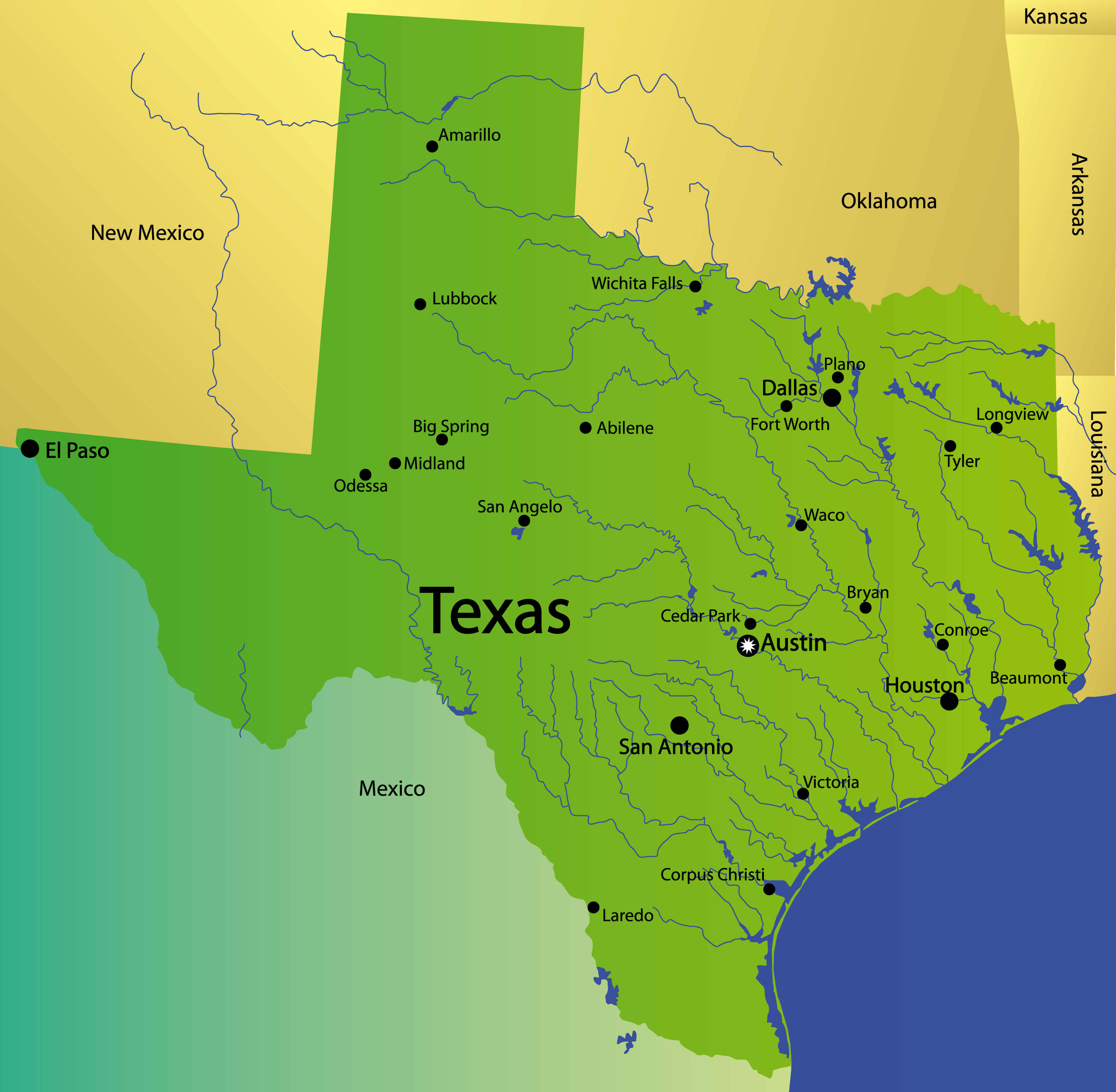 Texas major cities map urban locations detailed