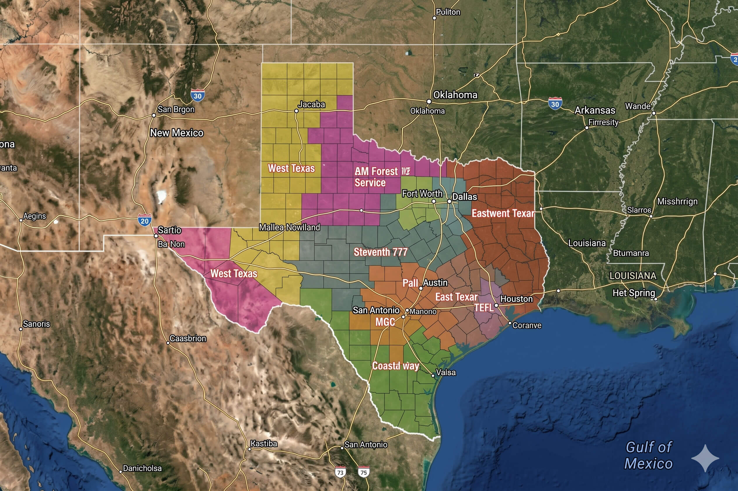 Texas regions map color coded geographic areas