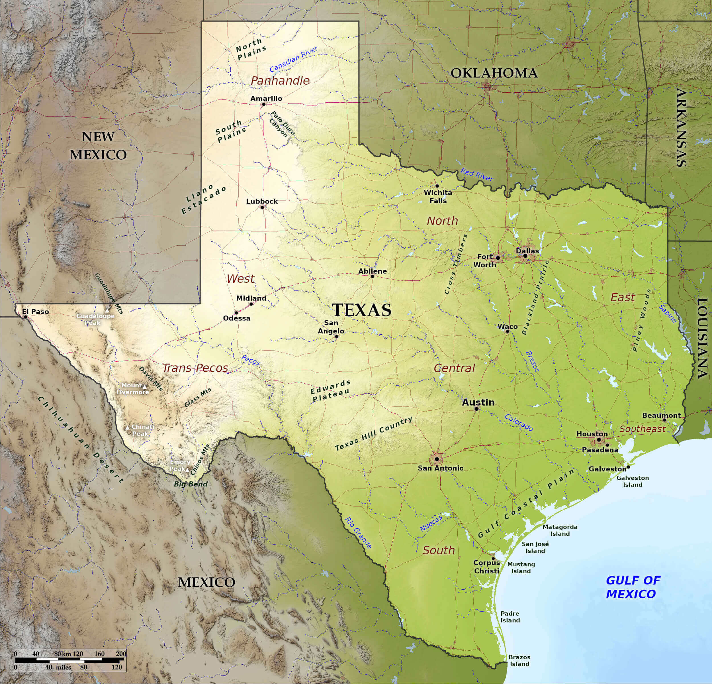 Texas relief map with cities and terrain shading