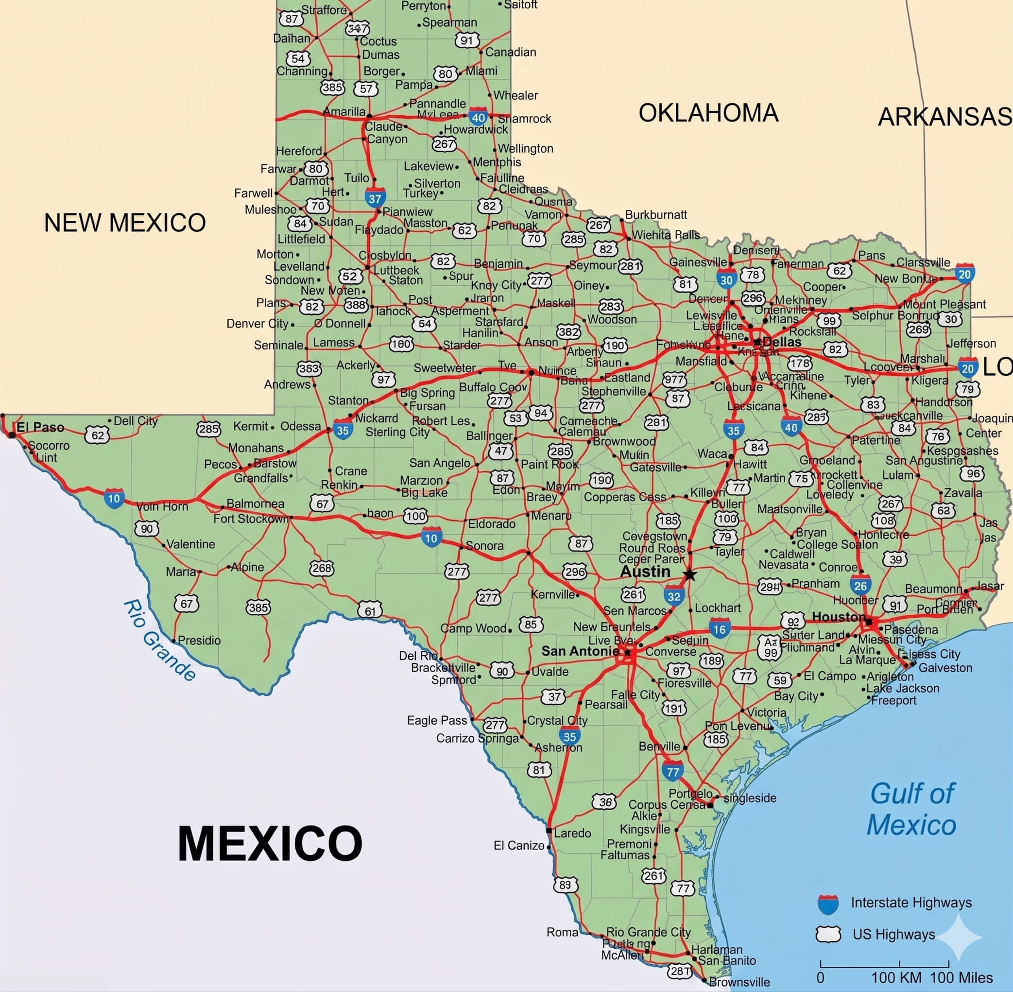 Texas road map highways and major cities detailed