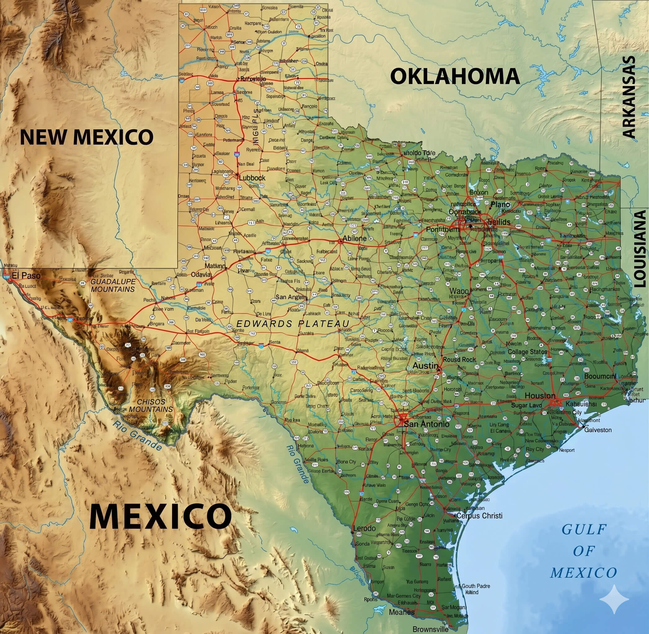 Texas topographic map with elevation and metro cities