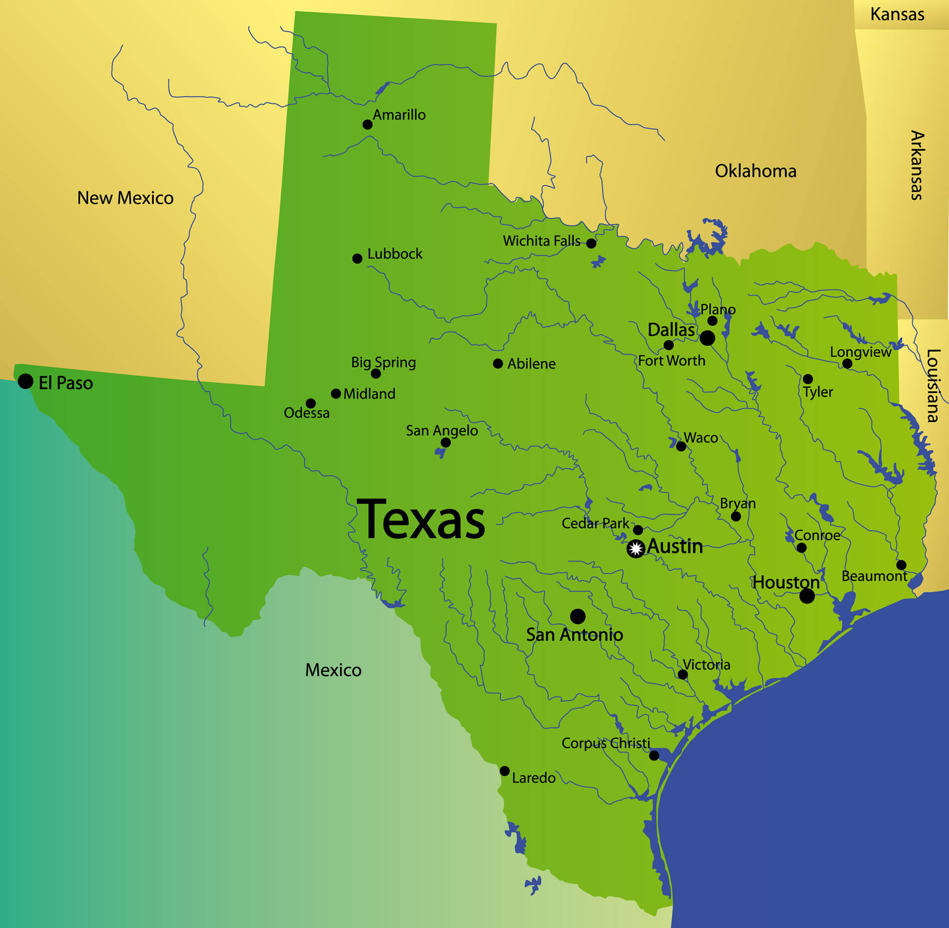 Техас сколько штатов. Штат Техас на карте. Штат Техас карта с городами. Физическая карта Техаса. Штат Техас границы.
