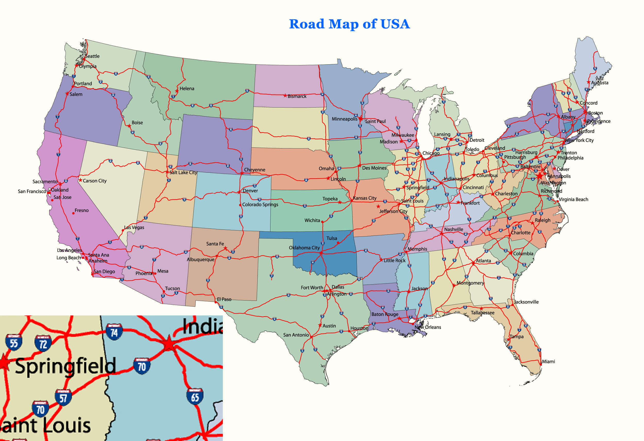 map states united road usa cities highways interstate state capitals