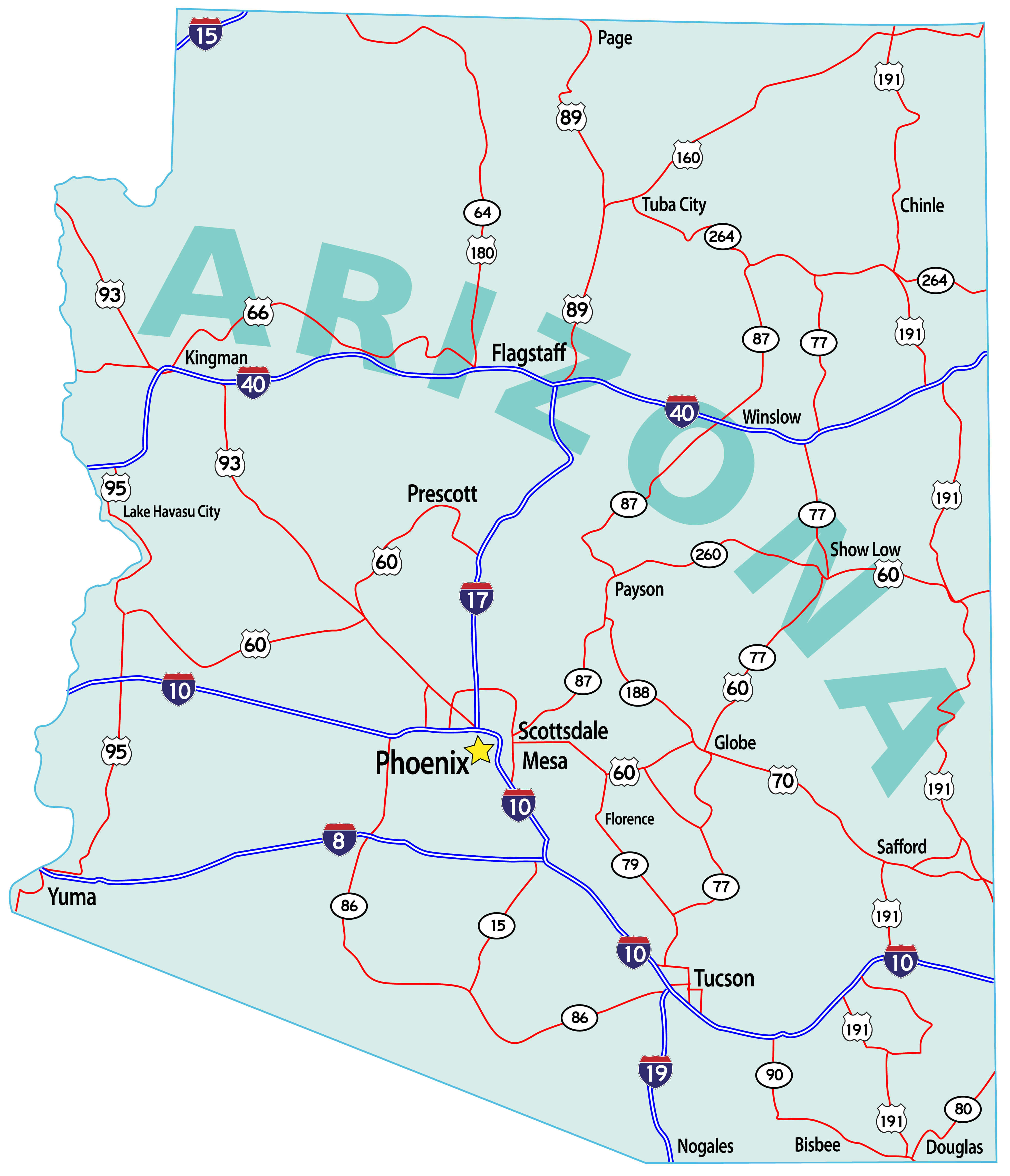 Arizona State Road Map With Interstates 