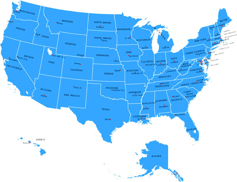 USA map with states and capital cities