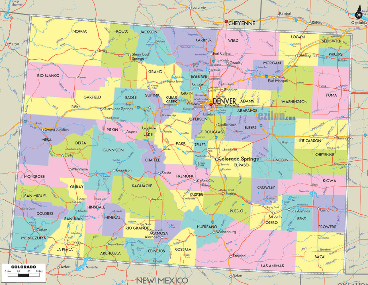 Colorado Counties Road Map USA