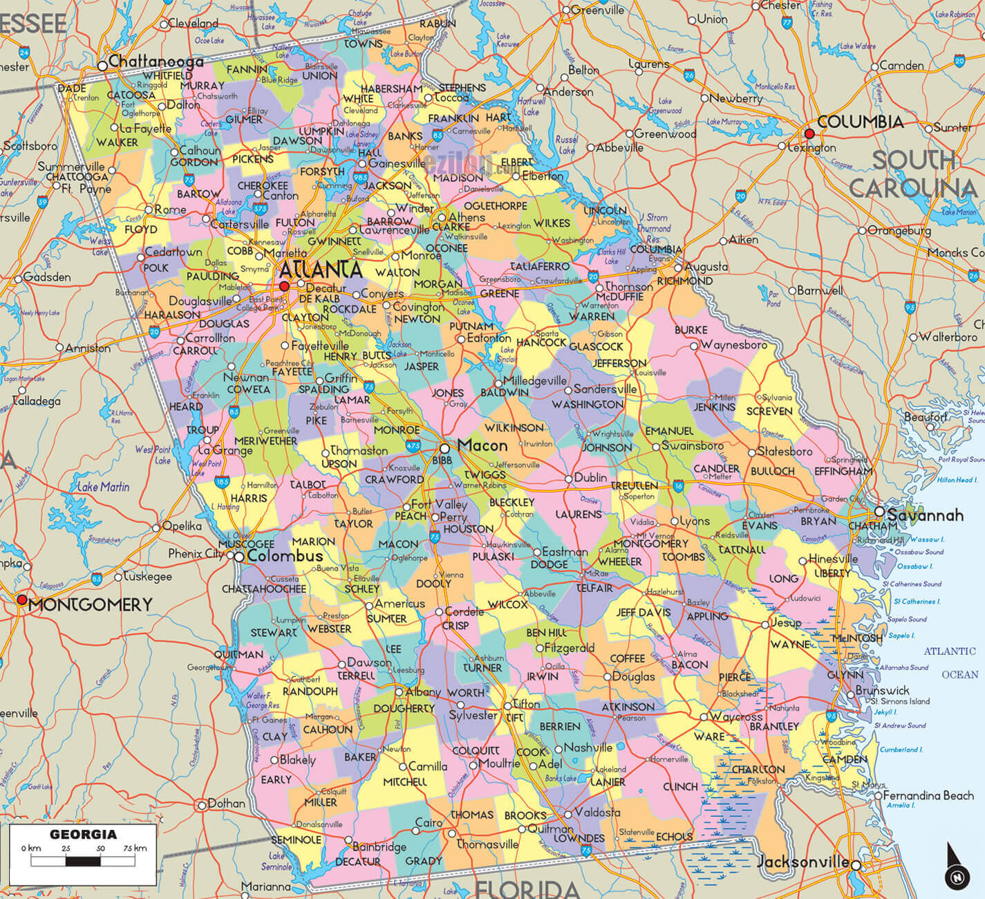 Georgia Counties Road Map USA