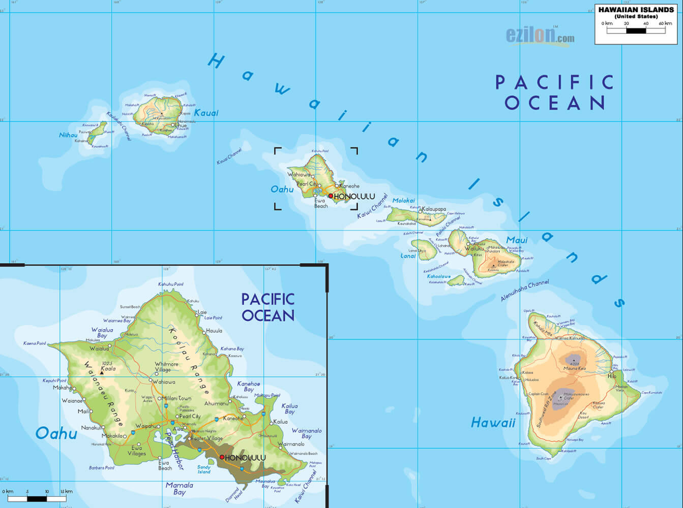 Hawaii Counties Road Map USA