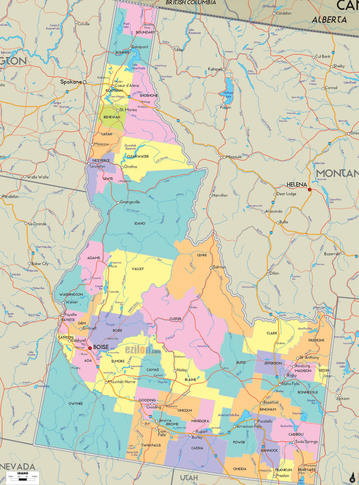 Idaho Counties Road Map USA