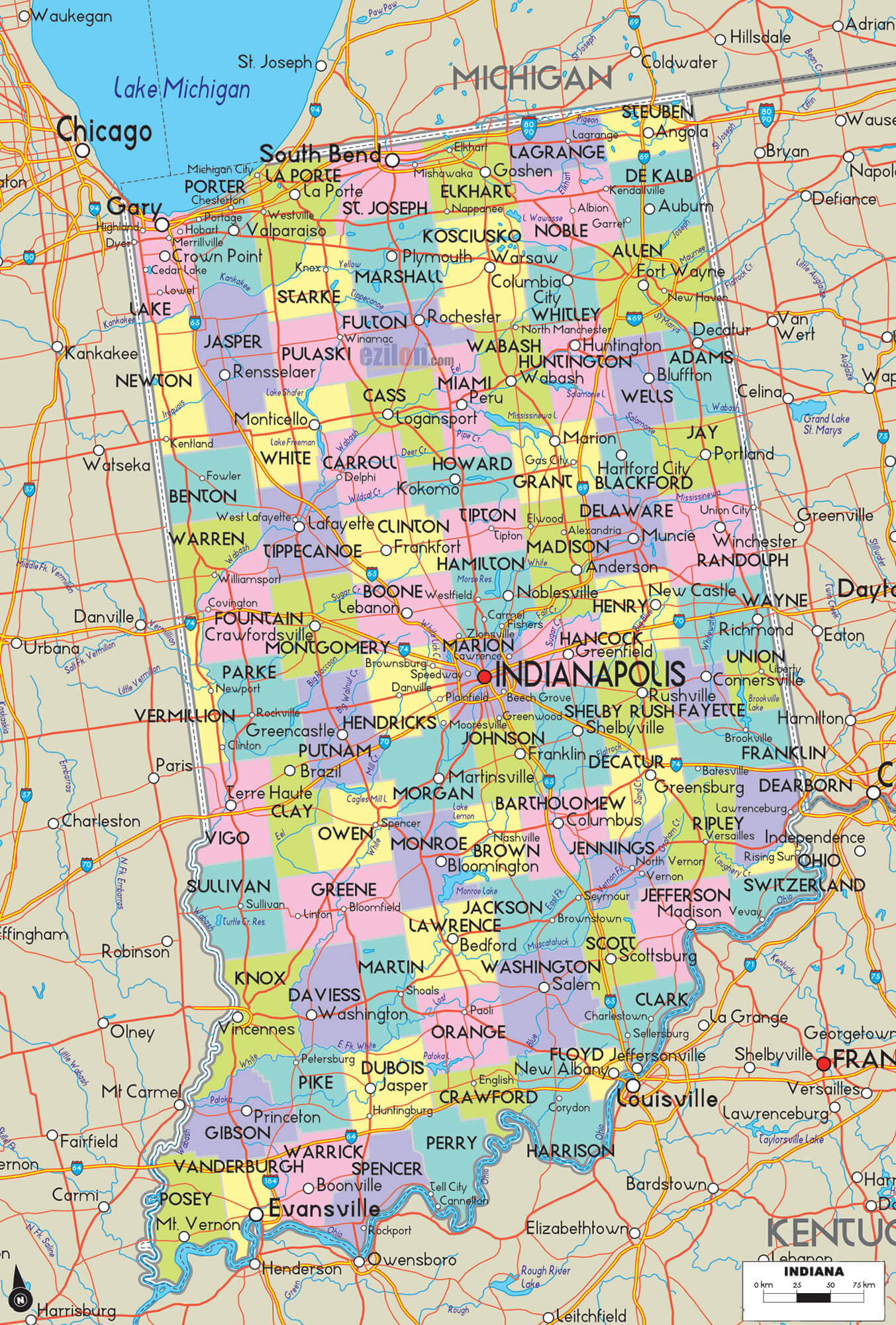 Indiana Counties Road Map USA