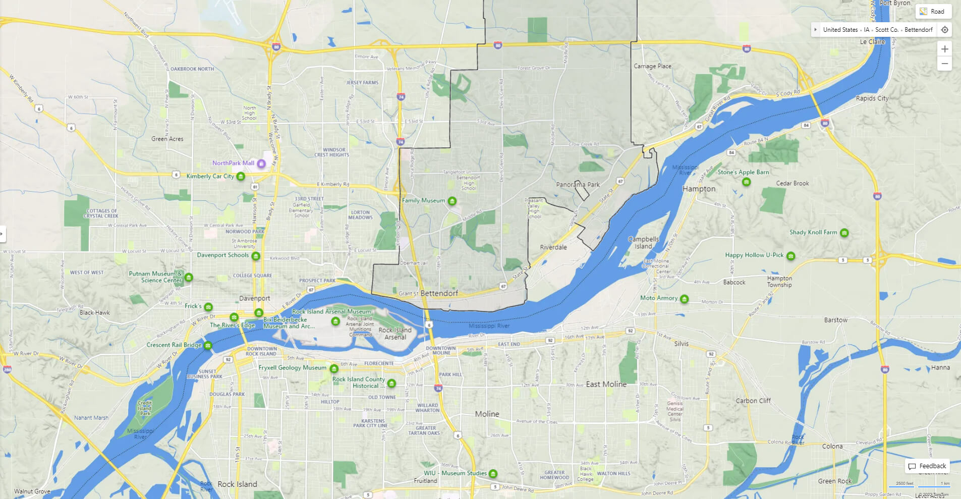 Detail Map of Bettendorf, Iowa